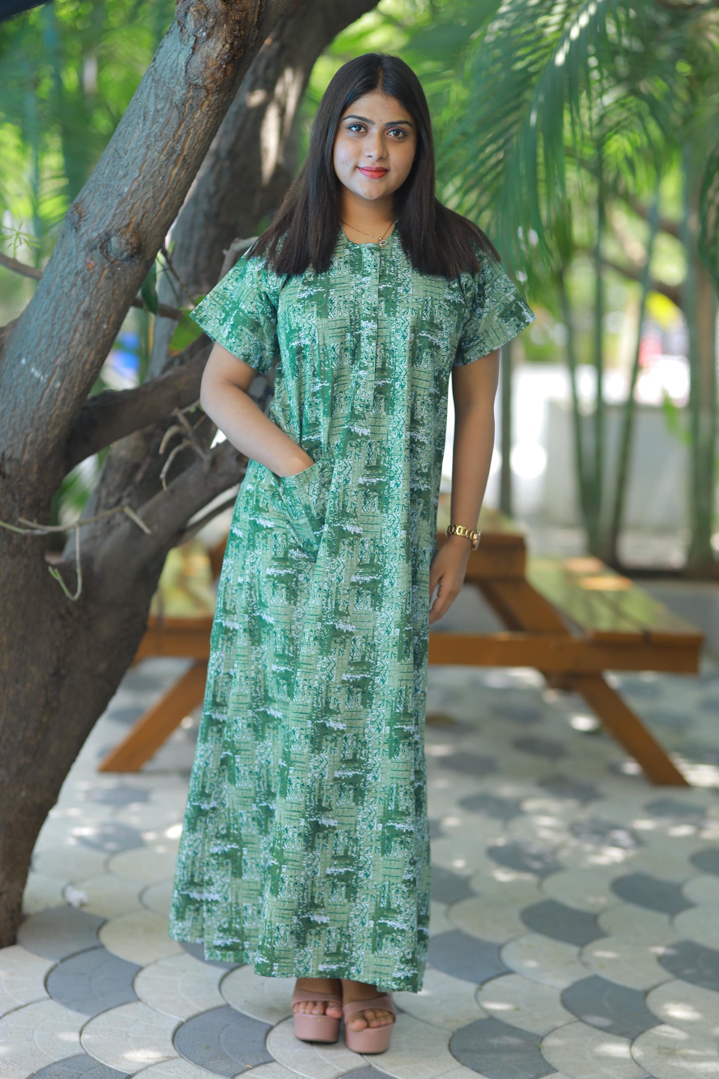 Dark Green With Light Green Collar design Nighty