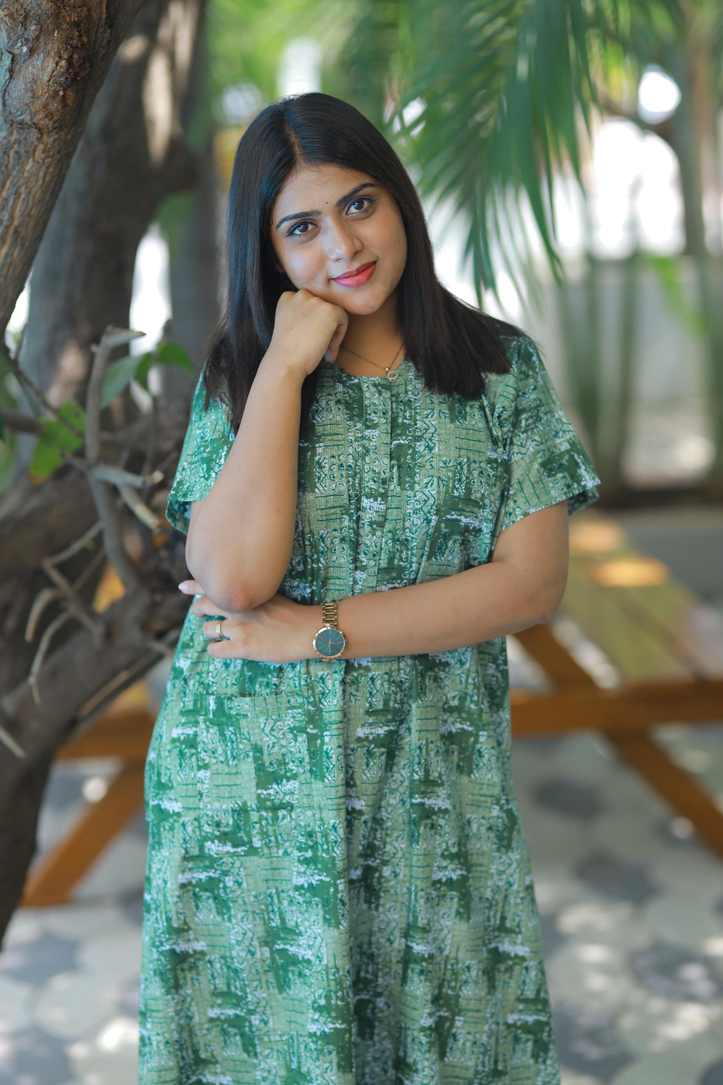 Dark Green With Light Green Collar design Nighty