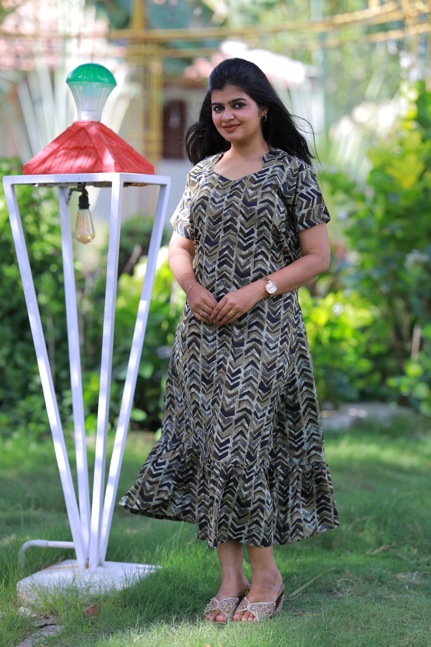 Military Green With Black Pattern Design Midi gown Nighty