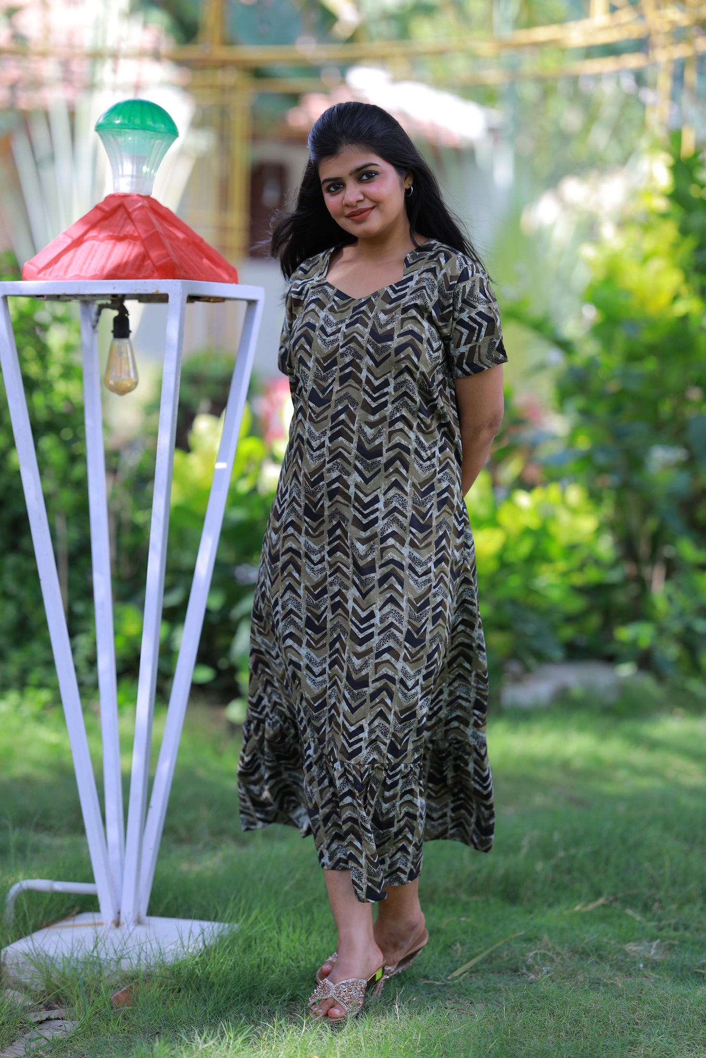 Military Green With Black Pattern Design Midi gown Nighty