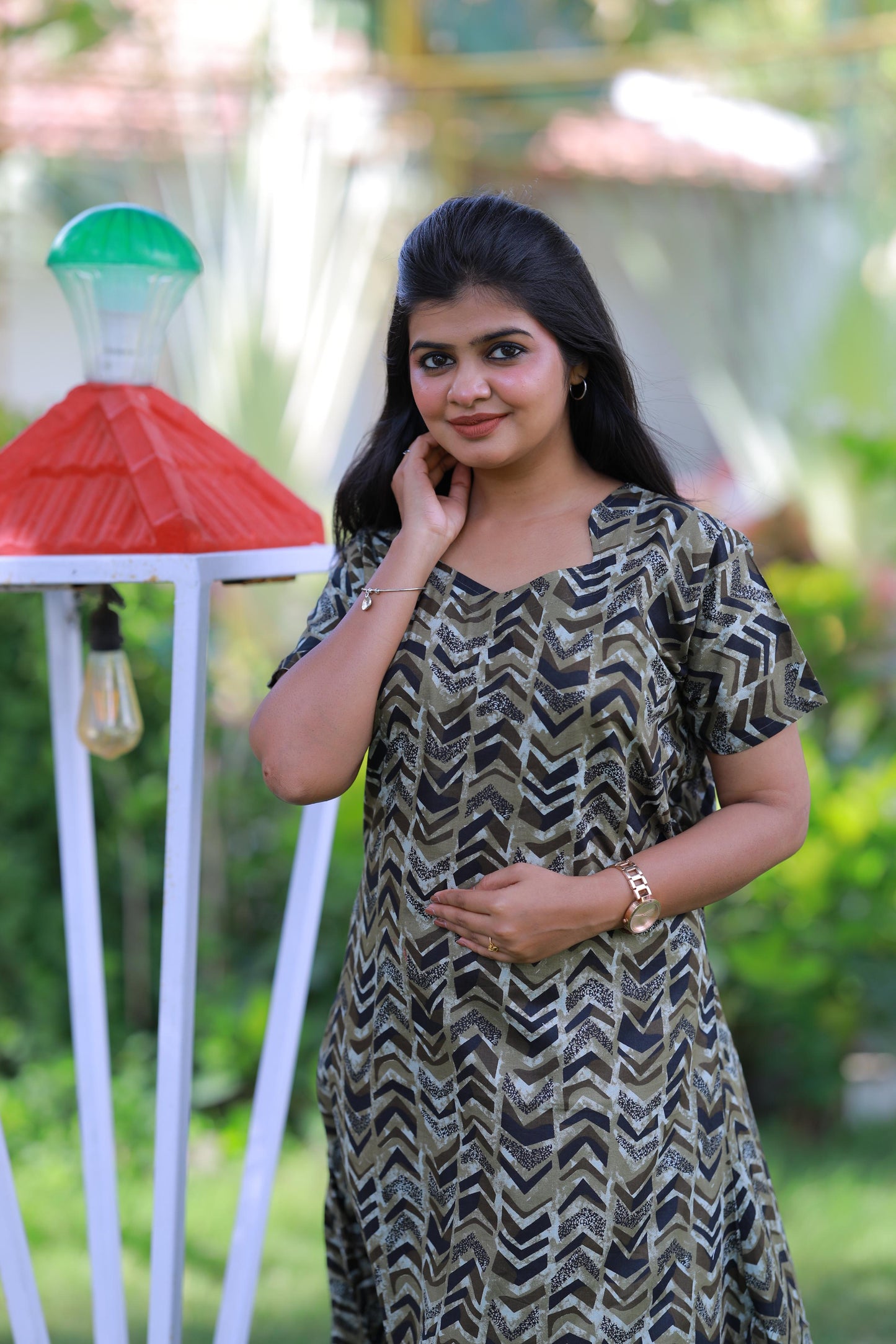 Military Green With Black Pattern Design Midi gown Nighty