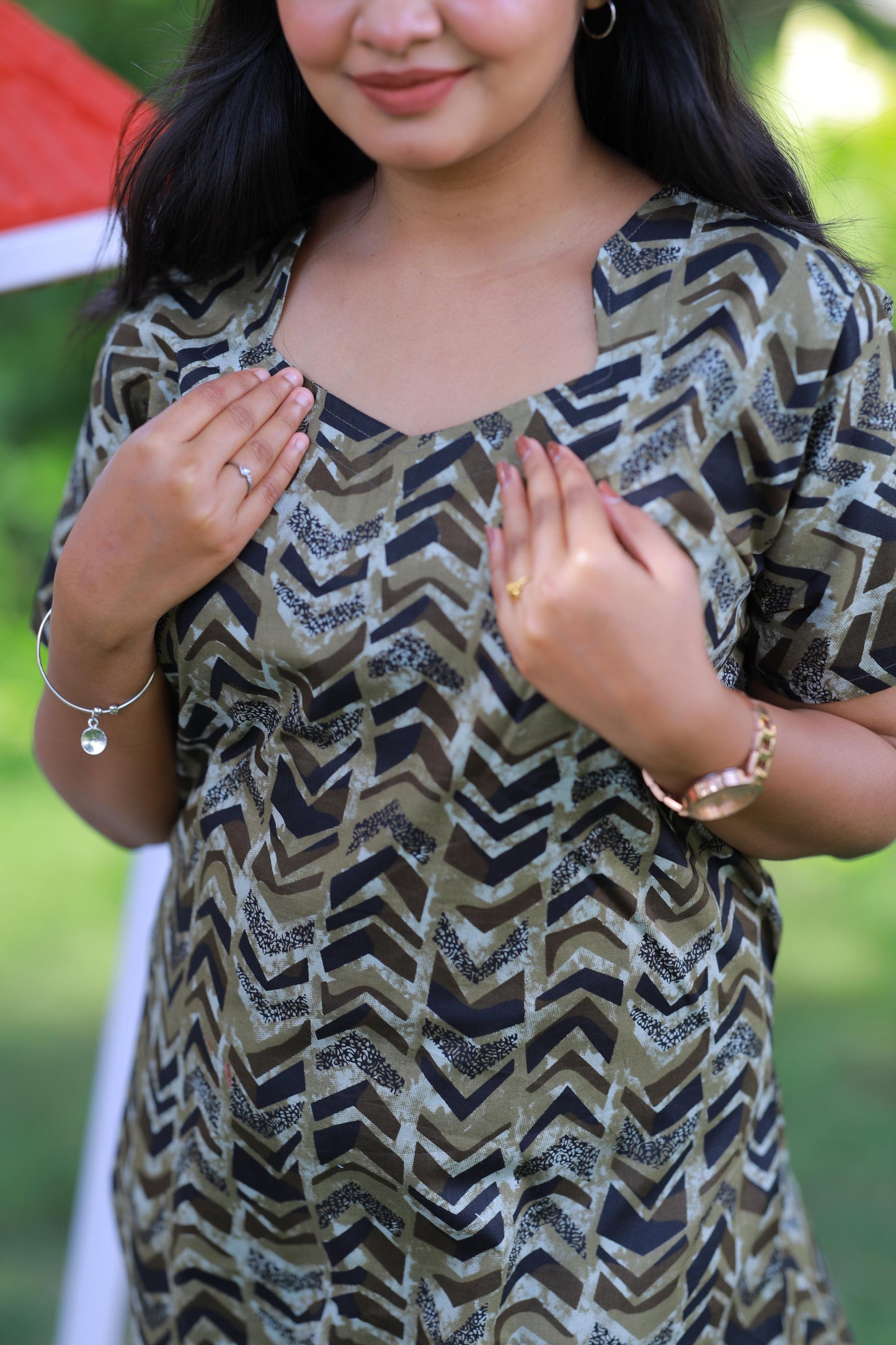 Military Green With Black Pattern Design Midi gown Nighty