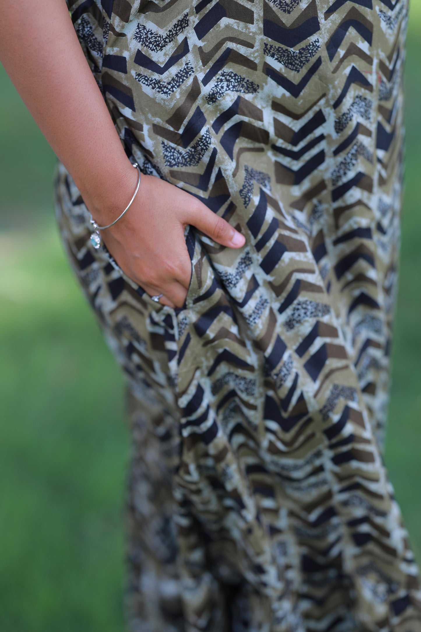 Military Green With Black Pattern Design Midi gown Nighty