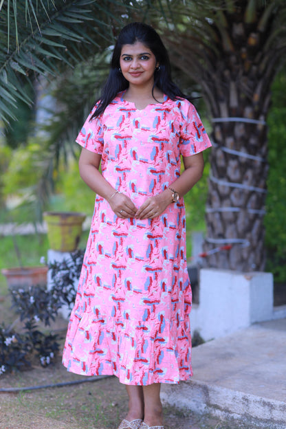 Light Pink With Red and Grey Colour Pattern Design Midi gown Nighty