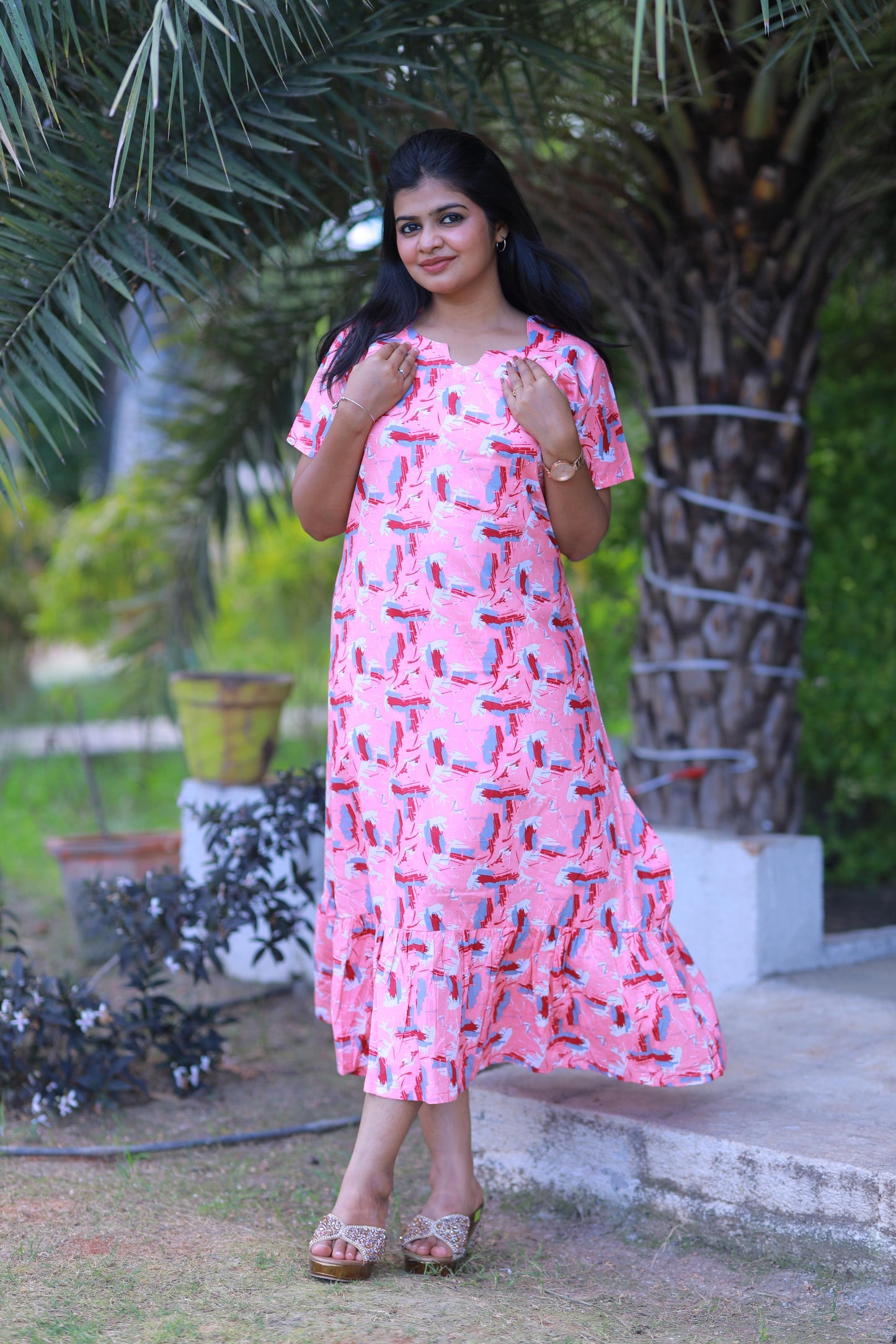 Light Pink With Red and Grey Colour Pattern Design Midi gown Nighty