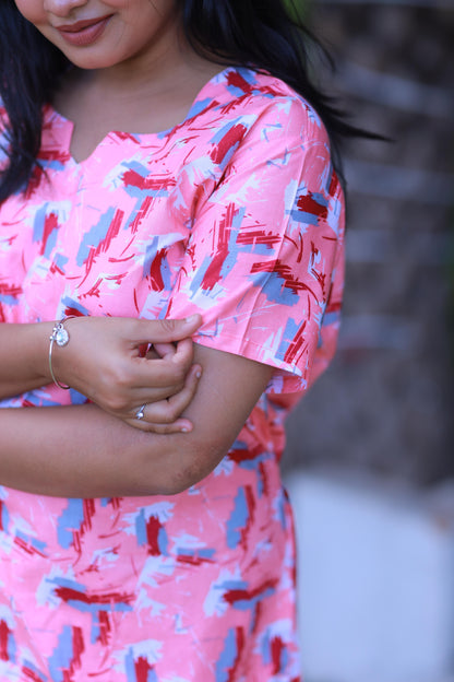 Light Pink With Red and Grey Colour Pattern Design Midi gown Nighty