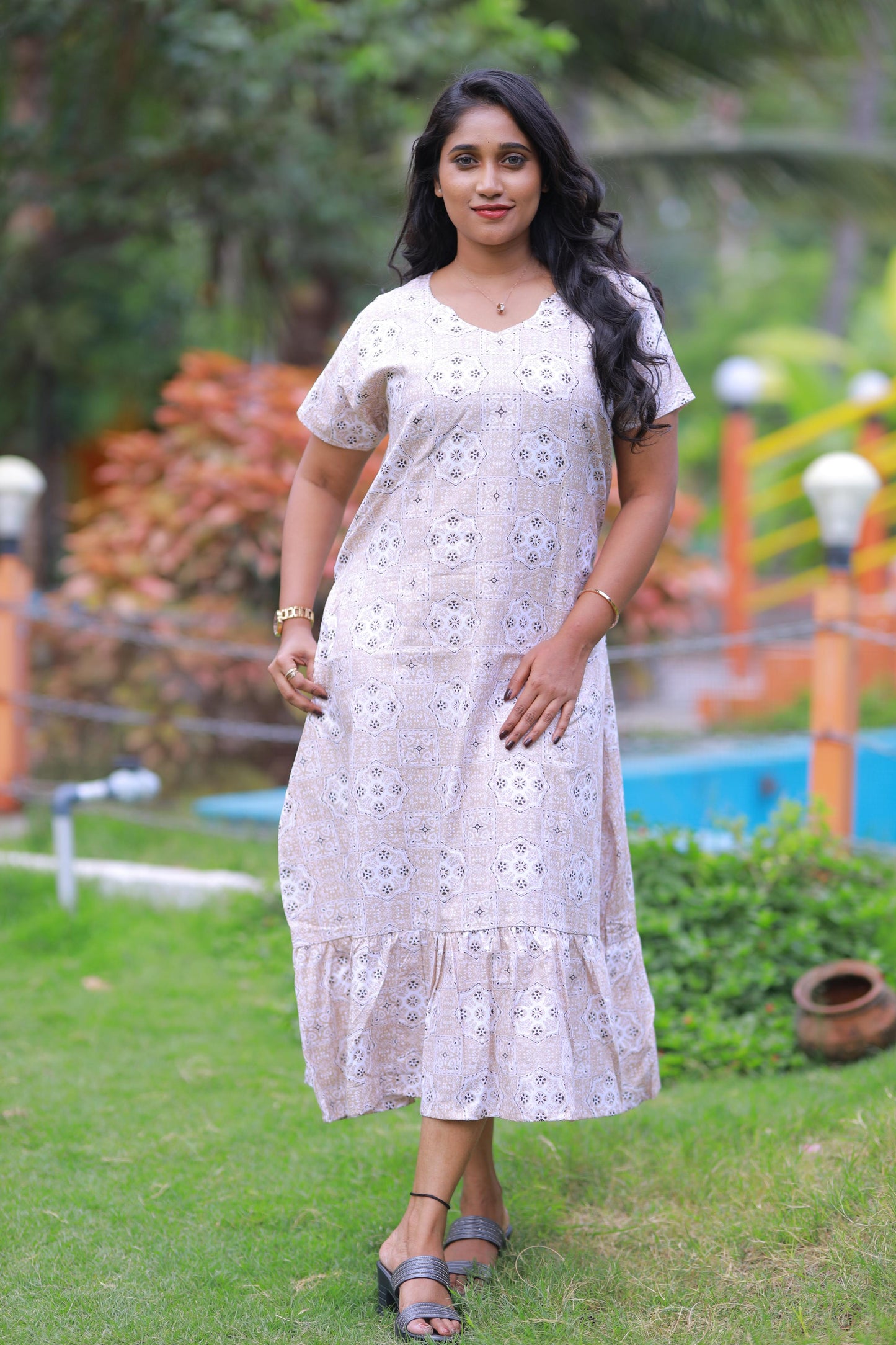 Sandal With Brown and Offwhite Floral Pattern Design Midi gown Nighty