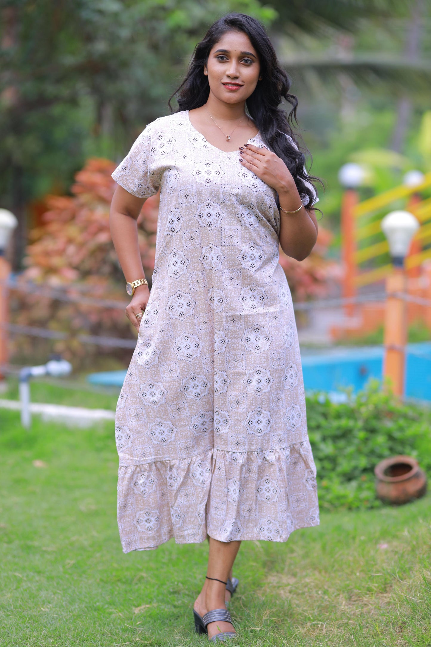 Sandal With Brown and Offwhite Floral Pattern Design Midi gown Nighty