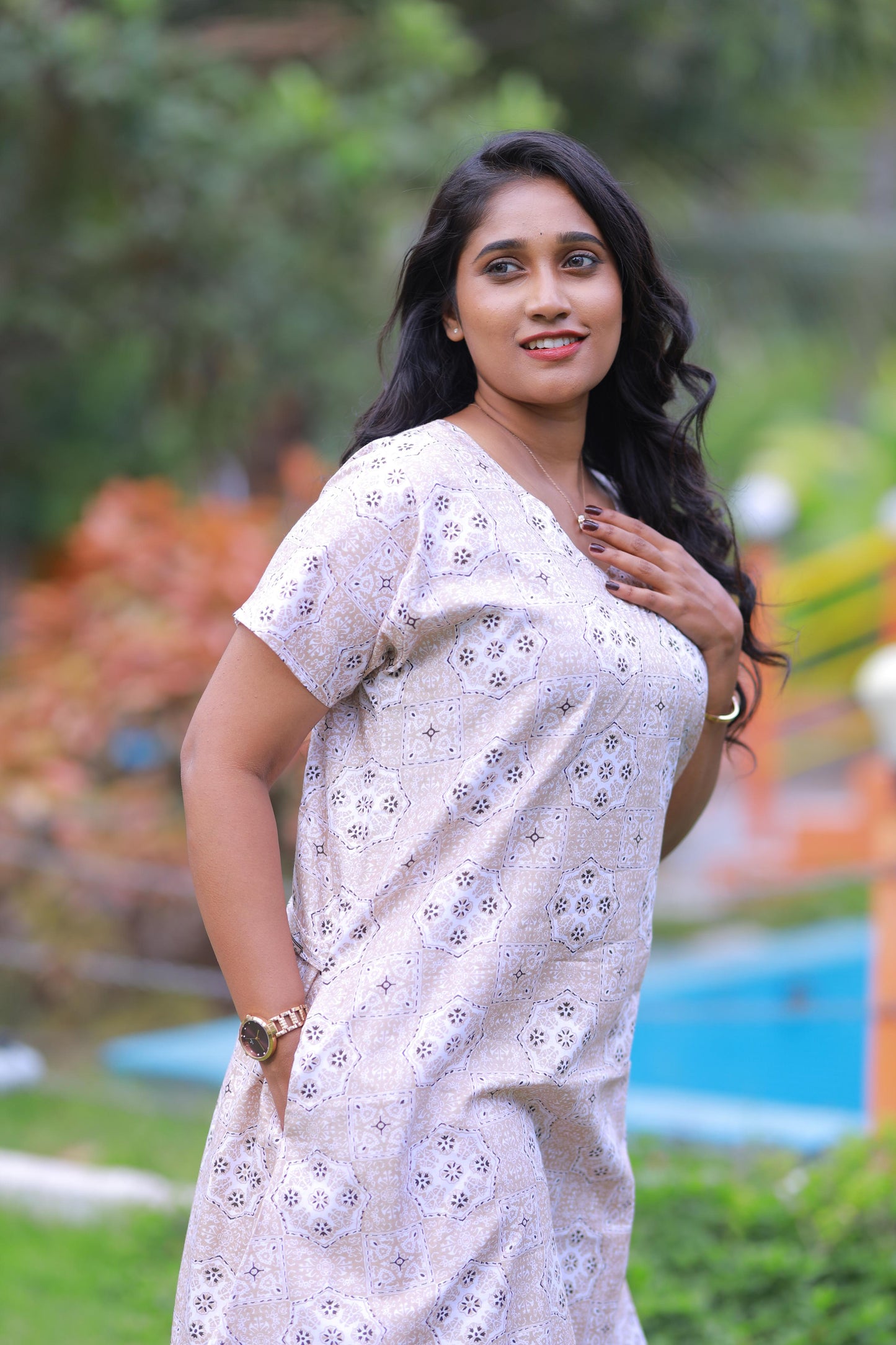 Sandal With Brown and Offwhite Floral Pattern Design Midi gown Nighty