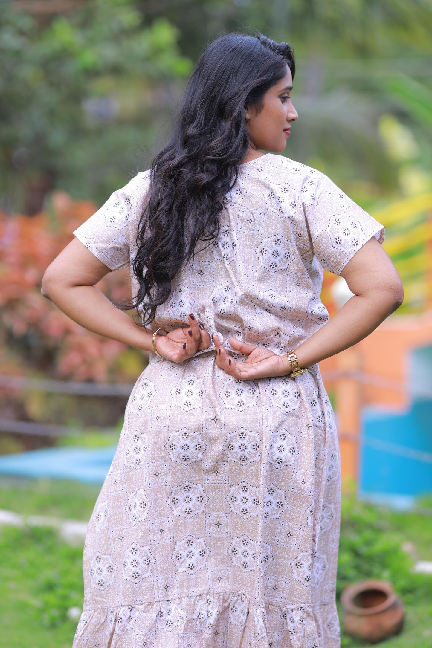 Sandal With Brown and Offwhite Floral Pattern Design Midi gown Nighty