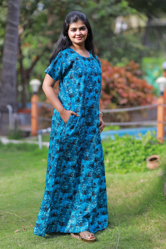 Dark Blue With Black and Offwhite Pattern Design Invisible Center Zip Feeding Nighty