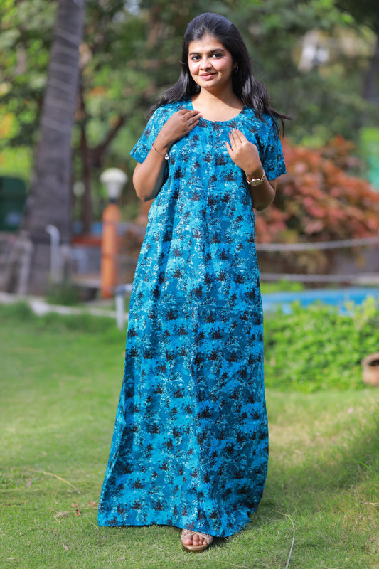 Dark Blue With Black and Offwhite Pattern Design Invisible Center Zip Feeding Nighty