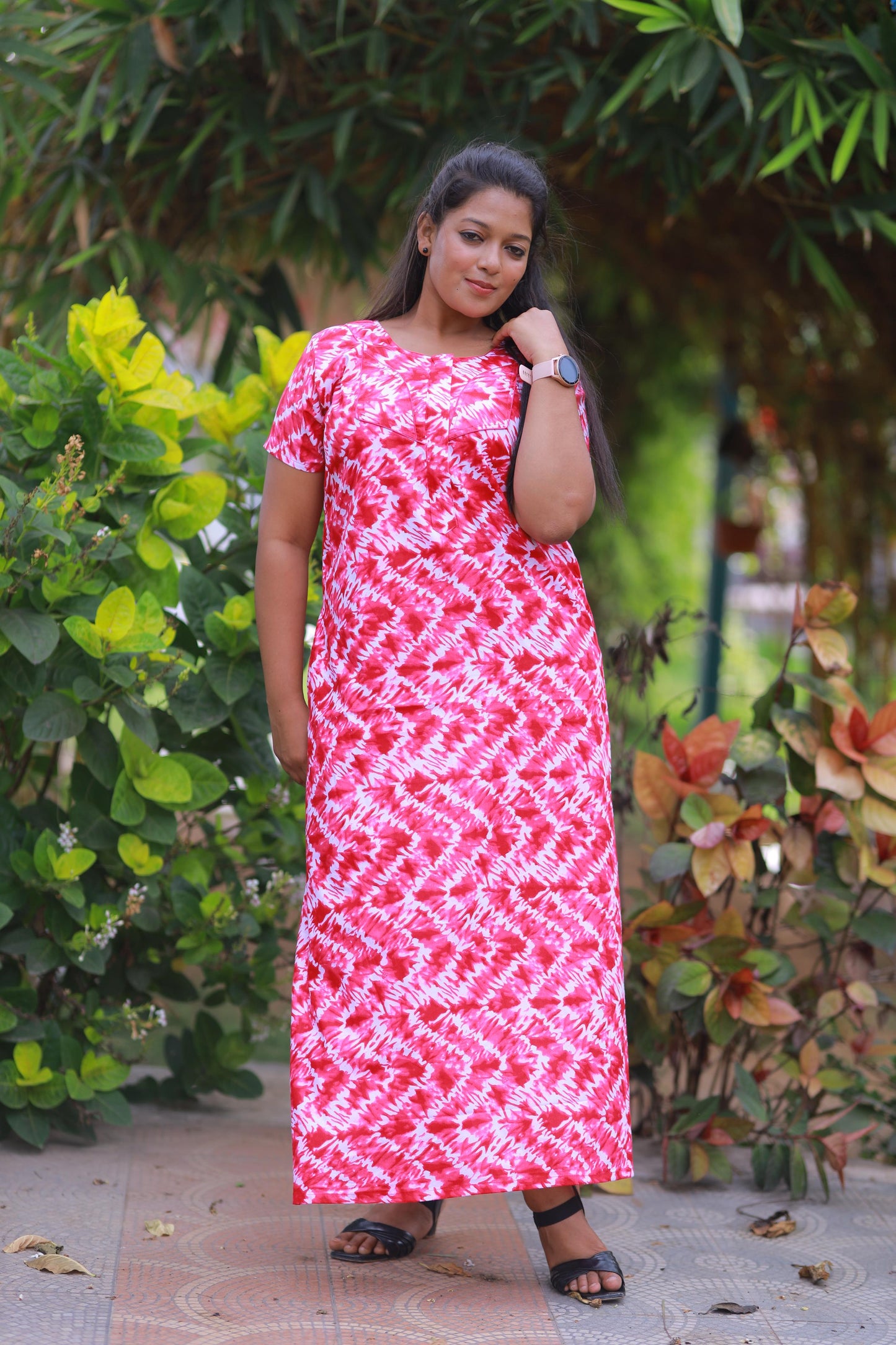 Dark Pink With White Pattern Design Piping Center Zip Nighty