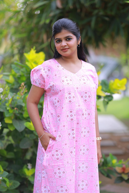 Light Pink With White Rangoli Design V Neck Puff Sleeve Without Zip Nighty