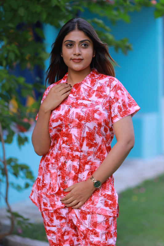 FANCY - Light Pink With Red Leaf Design full button collar type Nightdress