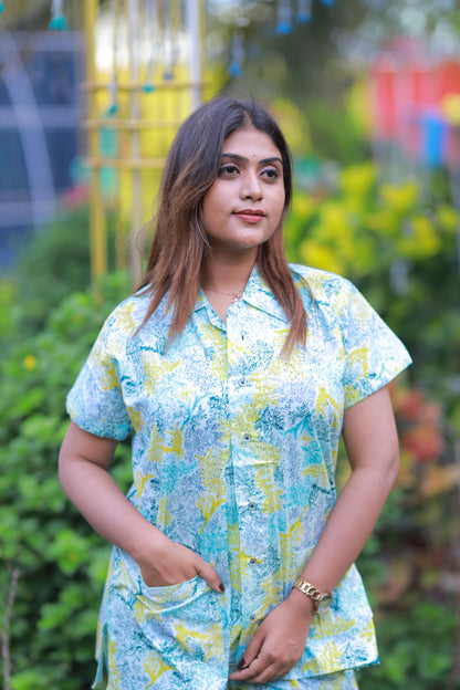 FANCY - Yellow With Sky Blue full button collar type Nightdress