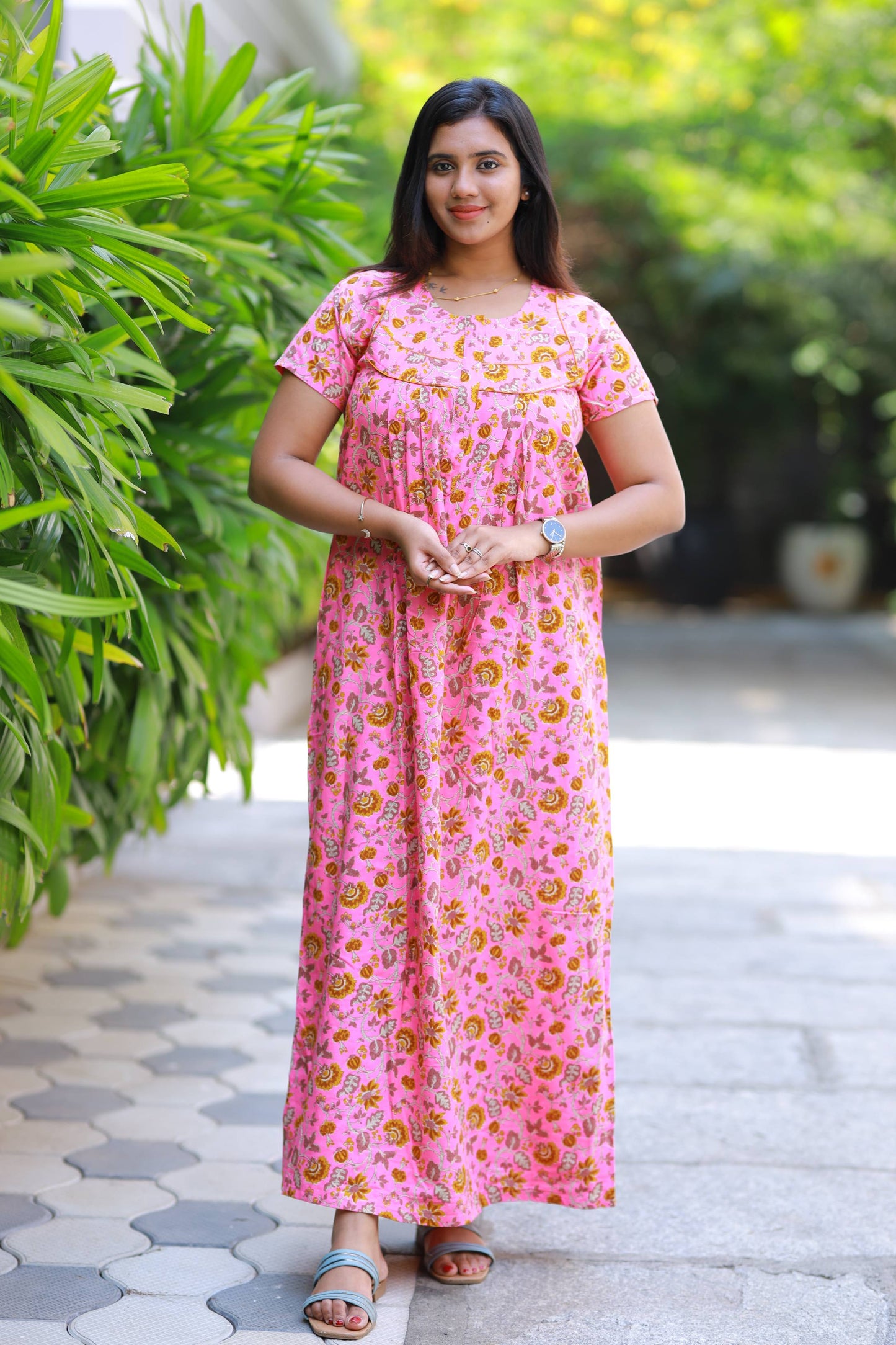 Pink with yellow floral Fleet cut Piping Zip Nighty