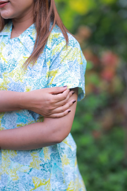 FANCY - Yellow With Sky Blue full button collar type Nightdress
