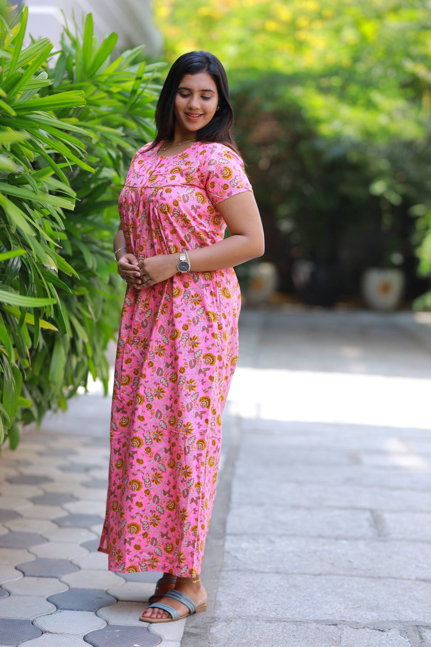 Pink with yellow floral Fleet cut Piping Zip Nighty