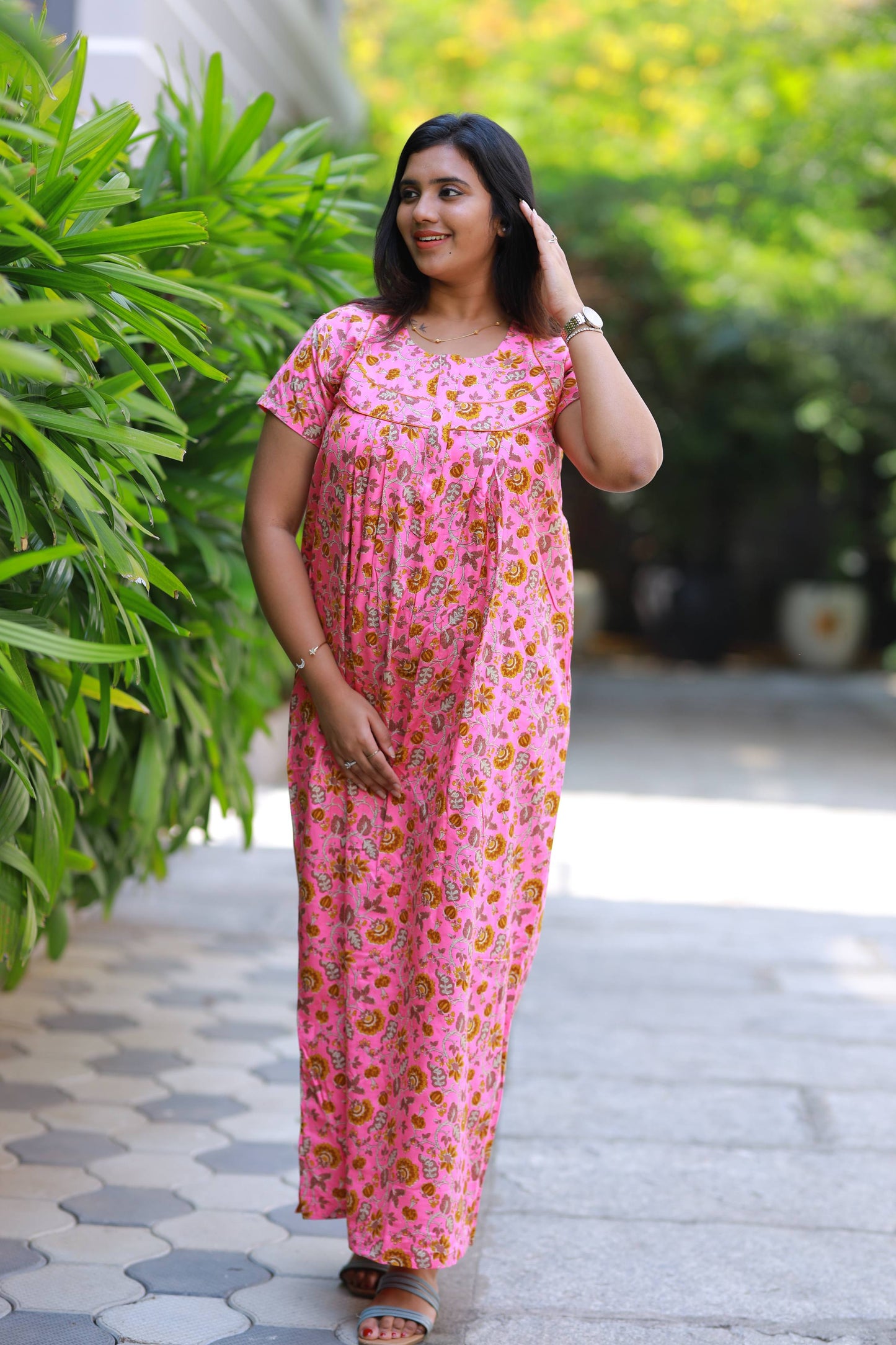 Pink with yellow floral Fleet cut Piping Zip Nighty