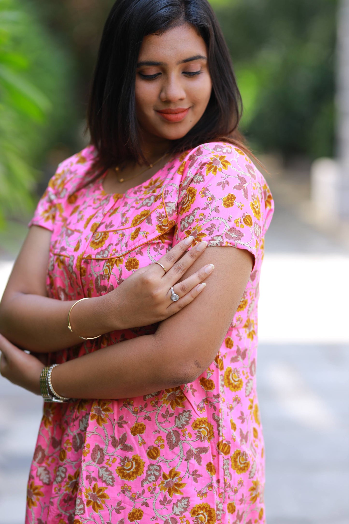 Pink with yellow floral Fleet cut Piping Zip Nighty