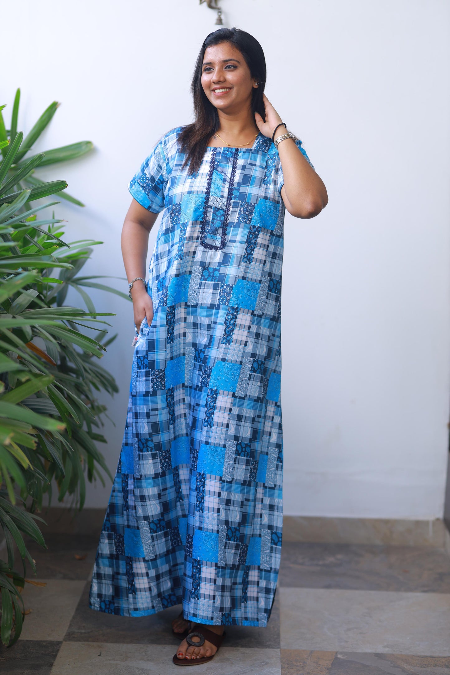 Sky Blue With White Checked Design Without Zip Premium Nighty