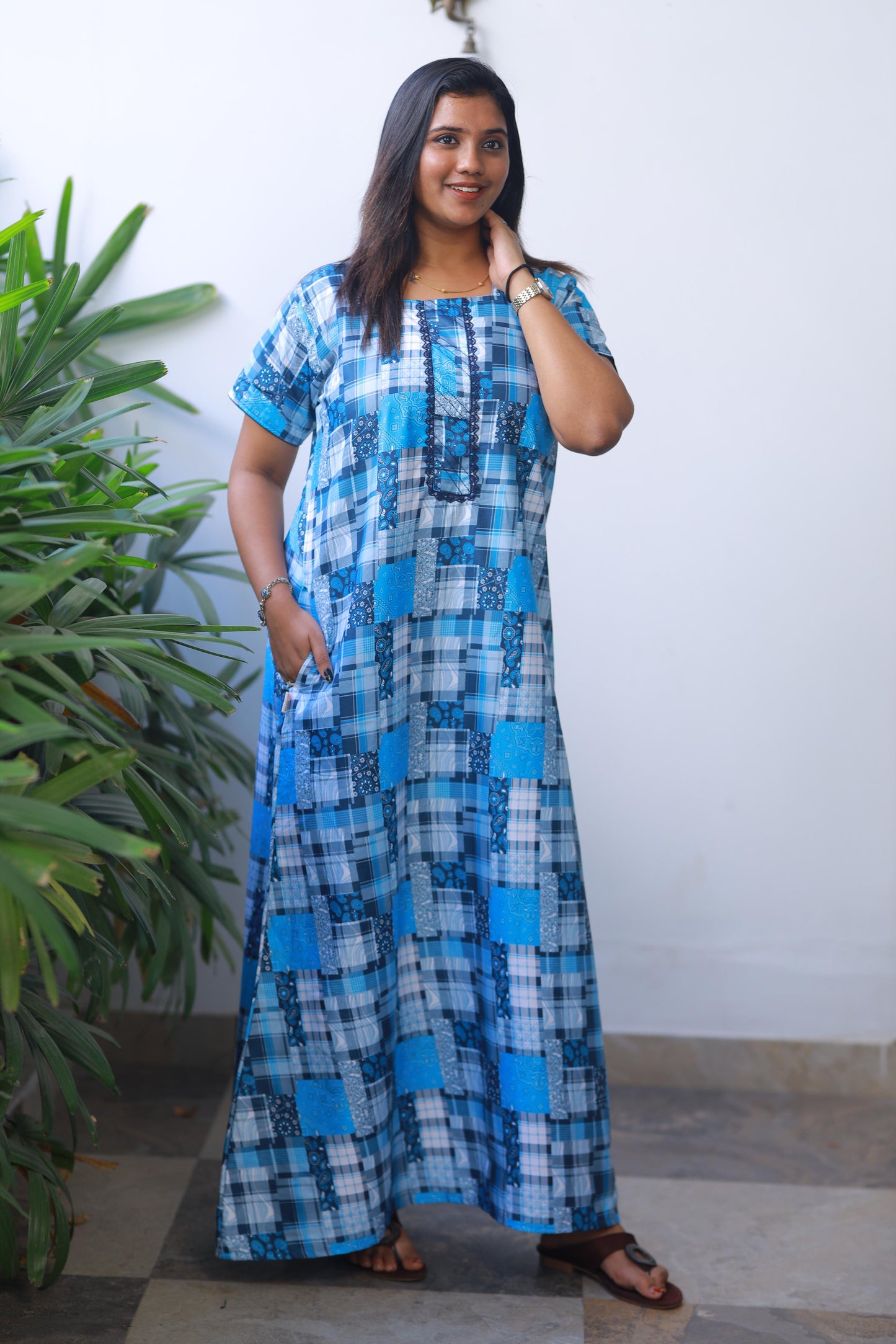 Sky Blue With White Checked Design Without Zip Premium Nighty