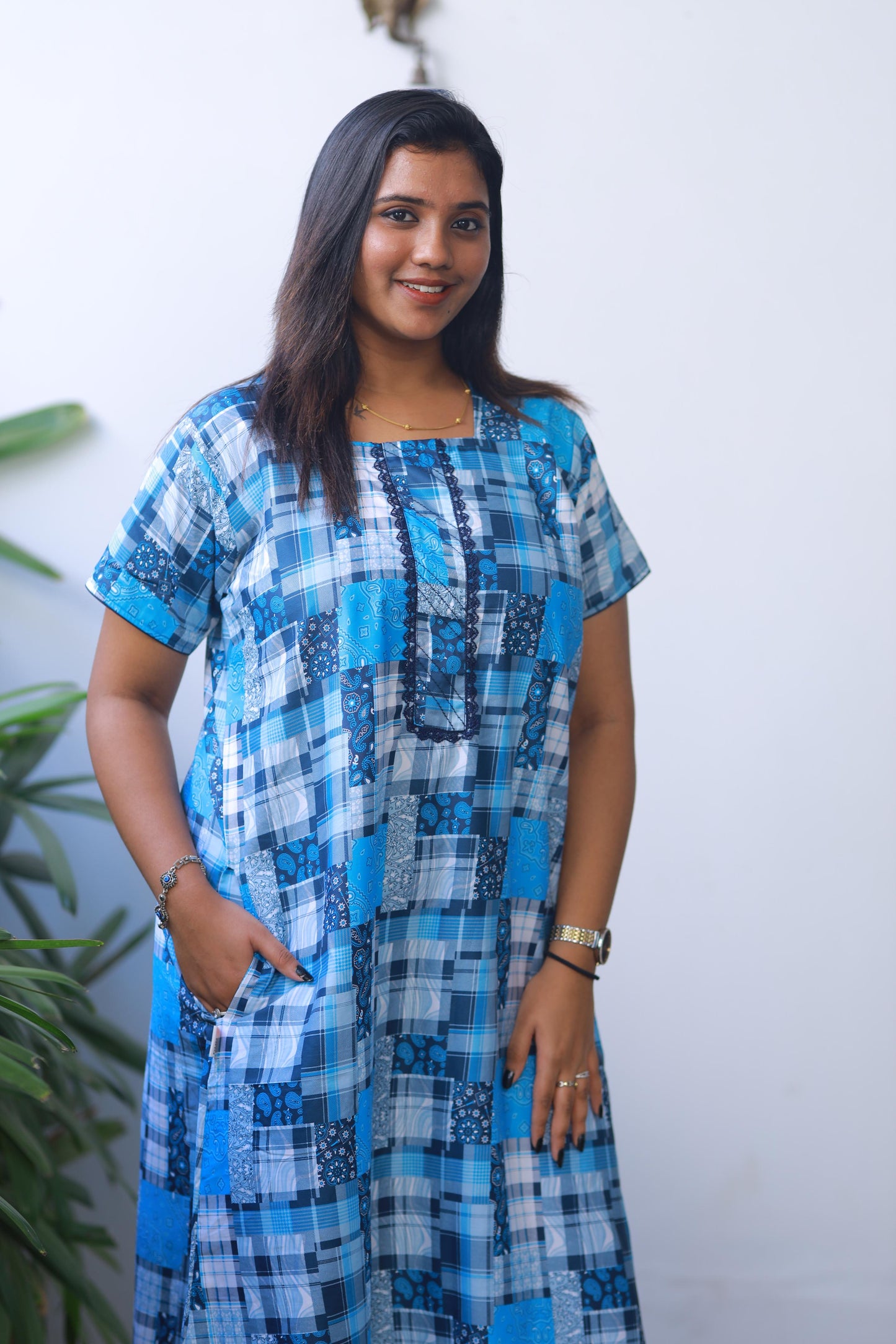 Sky Blue With White Checked Design Without Zip Premium Nighty