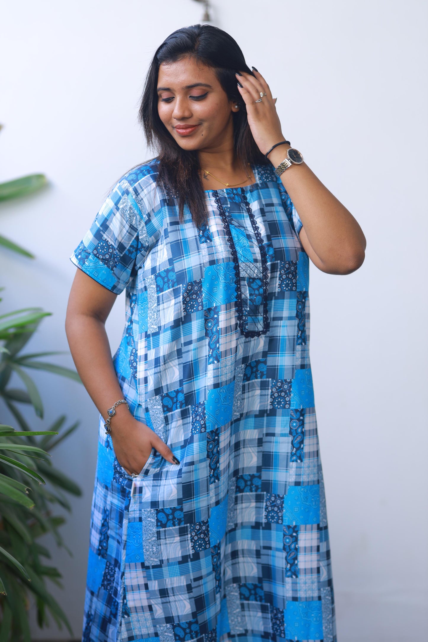 Sky Blue With White Checked Design Without Zip Premium Nighty
