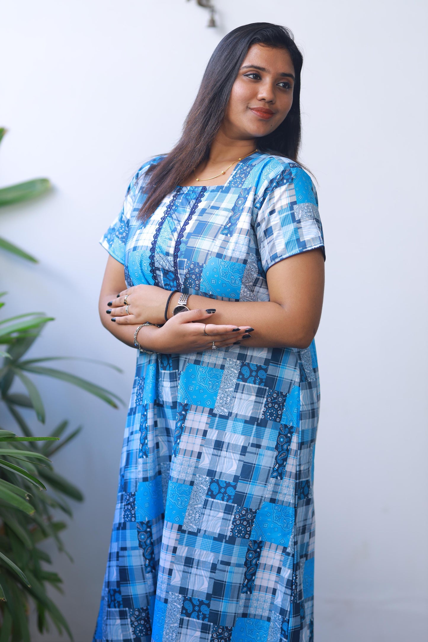Sky Blue With White Checked Design Without Zip Premium Nighty