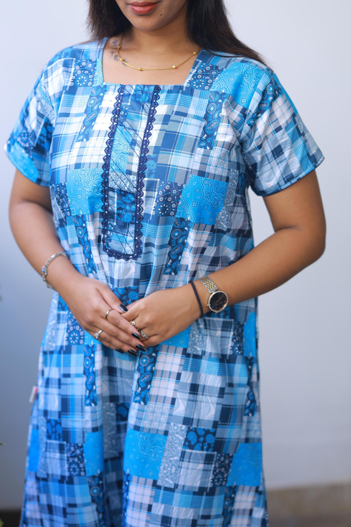 Sky Blue With White Checked Design Without Zip Premium Nighty