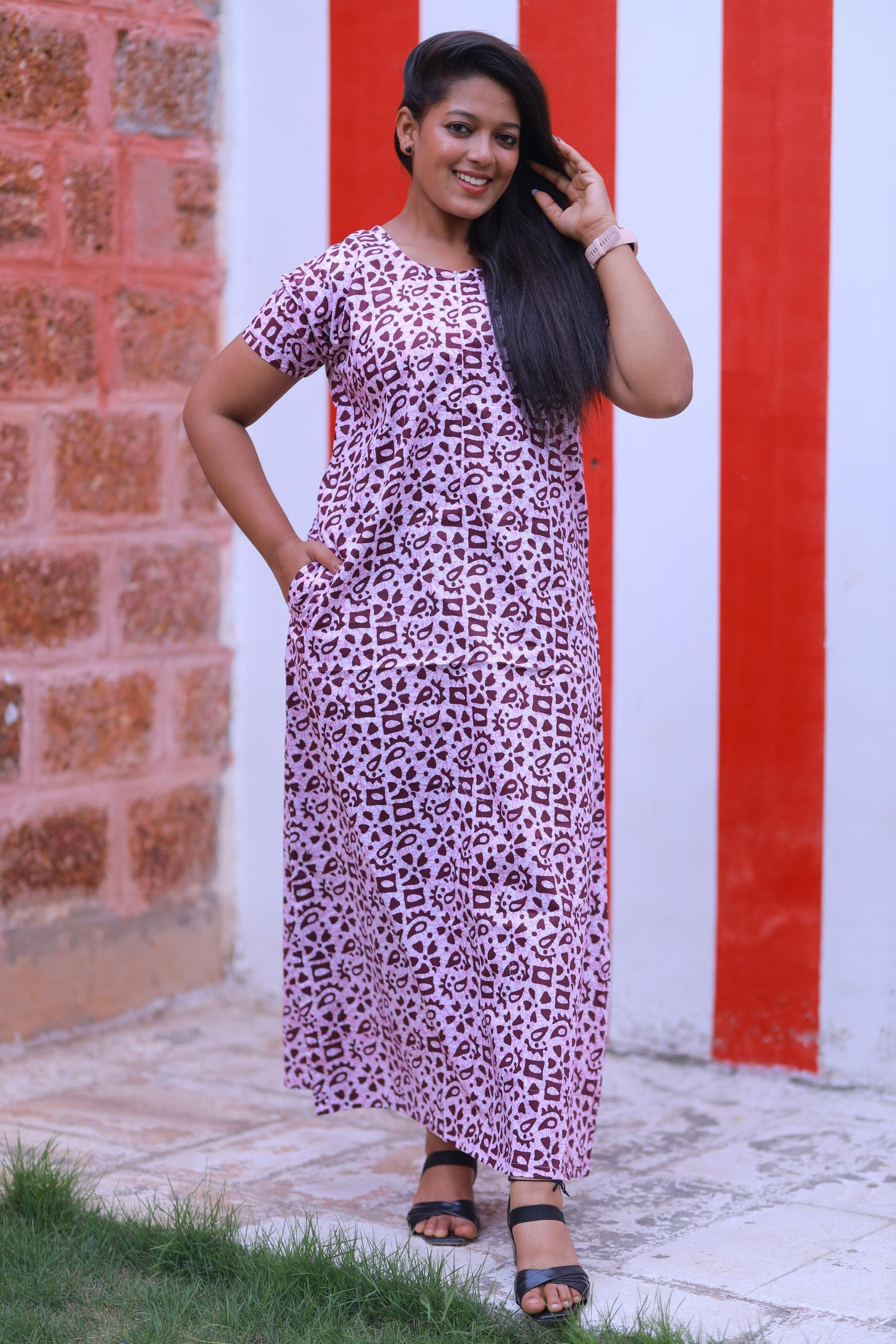 Lite Pink With Dark Brown Invisible Center Zip Feeding Nighty