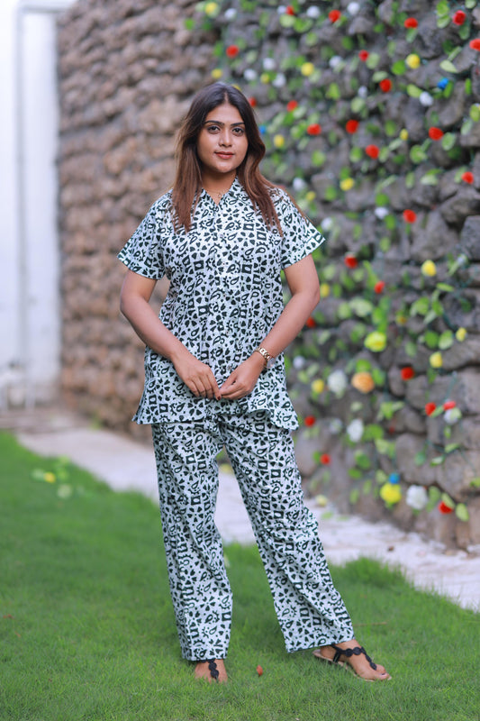 FANCY - Light Green With Green full button collar type Nightdress