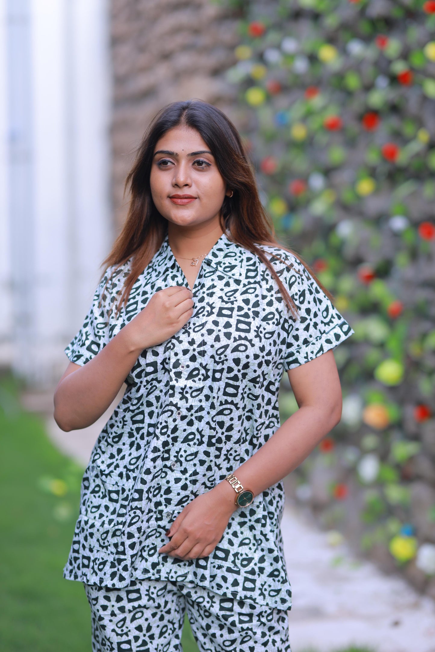 FANCY - Light Green With Green full button collar type Nightdress