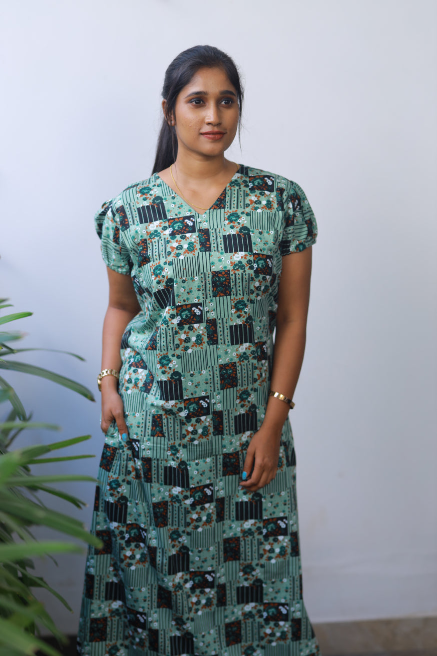 Pista Green Checked Flower Design V Neck Puff Sleeve Without Zip Nighty