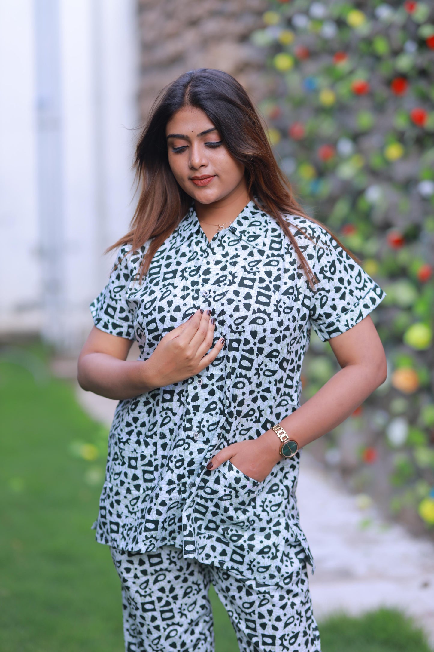 FANCY - Light Green With Green full button collar type Nightdress