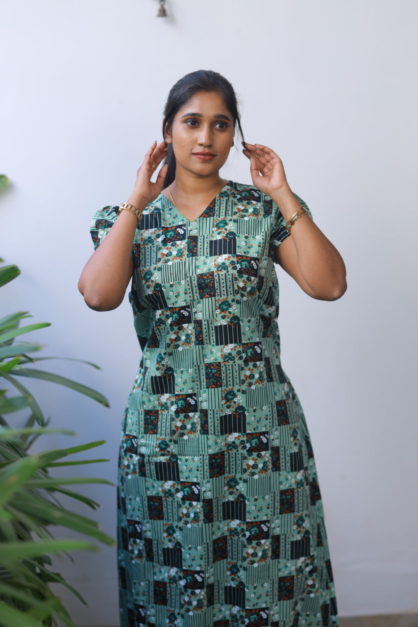 Pista Green Checked Flower Design V Neck Puff Sleeve Without Zip Nighty