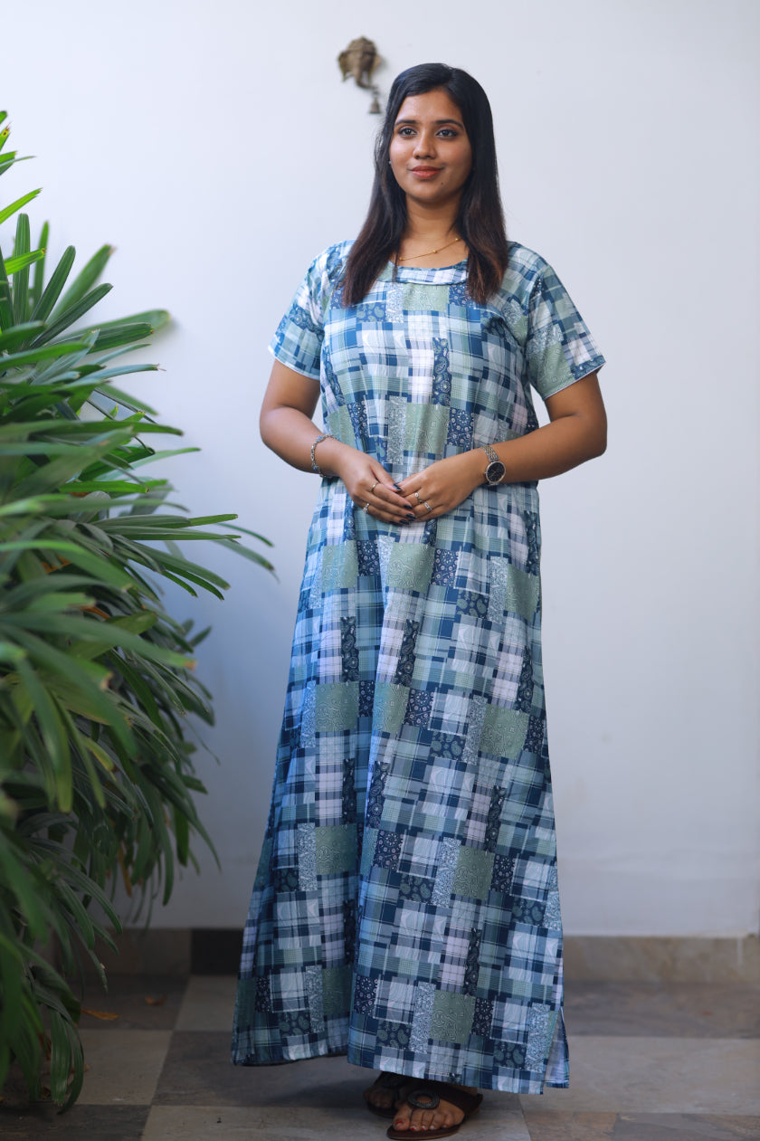 White With Navy And Olive Green Checked Design Without Zip Premium Nighty