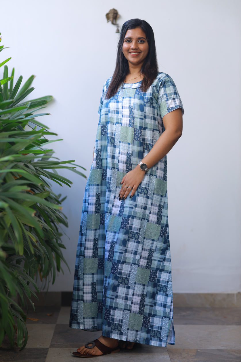White With Navy And Olive Green Checked Design Without Zip Premium Nighty