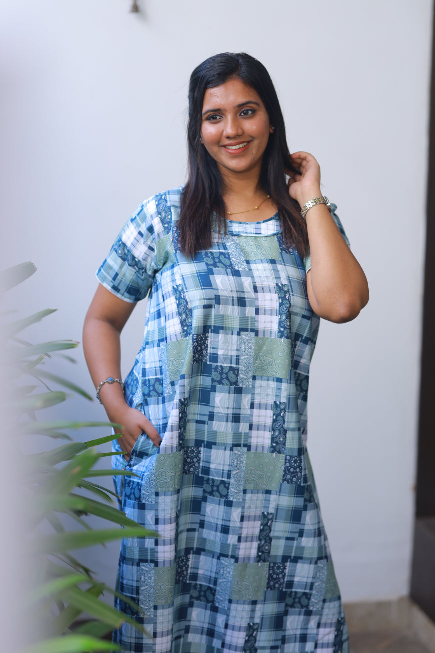White With Navy And Olive Green Checked Design Without Zip Premium Nighty
