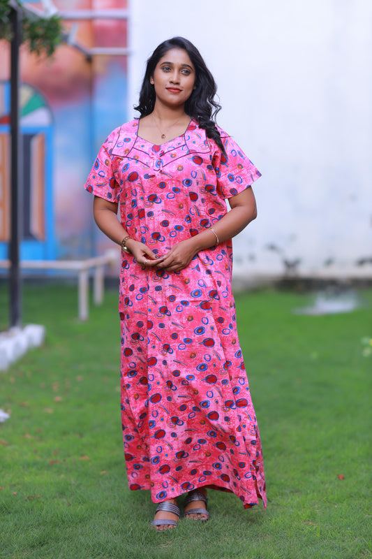 Dark Blue With Blue and Maroon Pattern Piping Without Zip Nighty