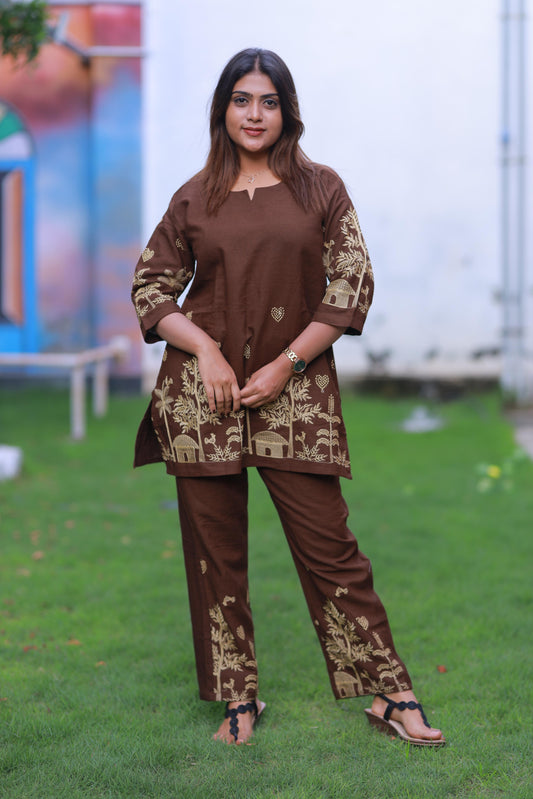 Brown With Golden Yellow  Embroider co-ord set nightdress