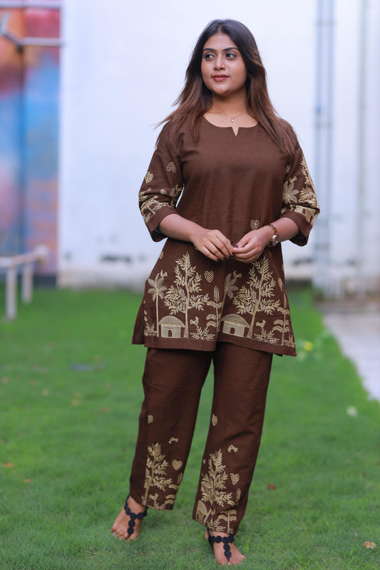 Brown With Golden Yellow  Embroider co-ord set nightdress