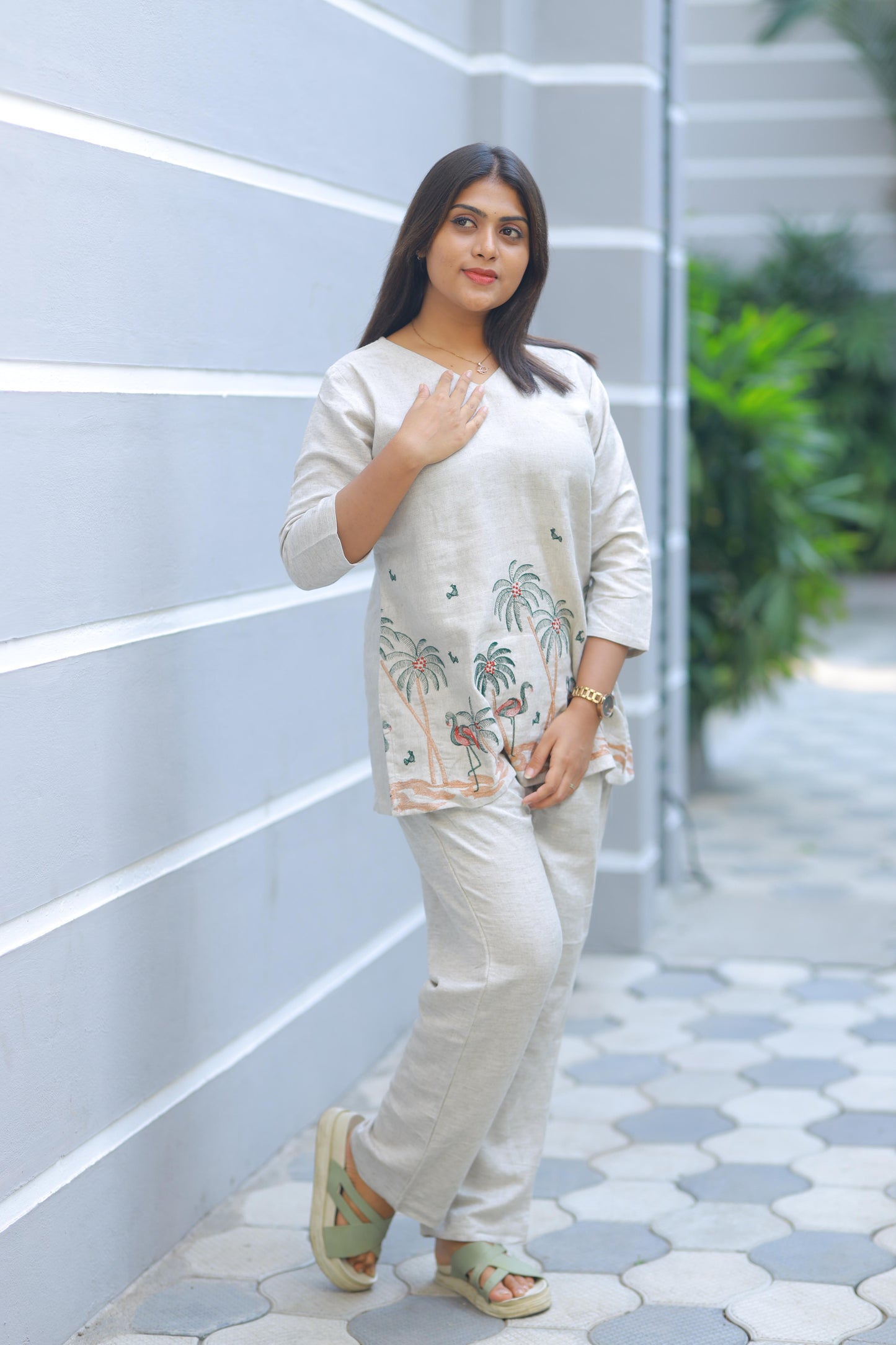 Light Sandal With Green coconut Tree Embroidery Design Lenin nightdress
