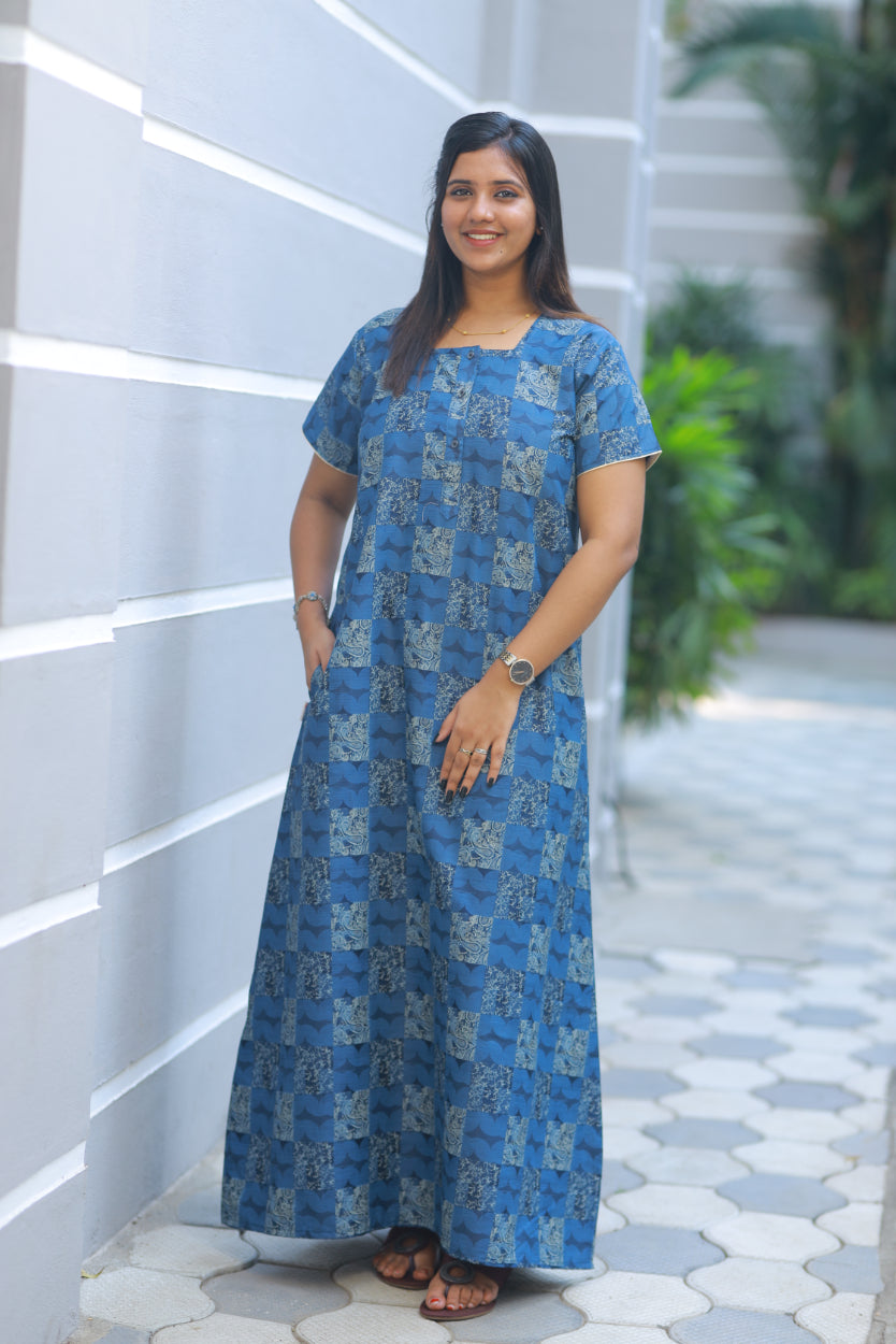 Navy Blue With Digital Print Button Type Premium Nighty
