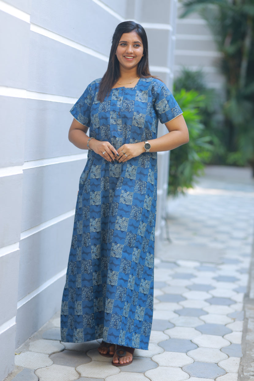 Navy Blue With Digital Print Button Type Premium Nighty