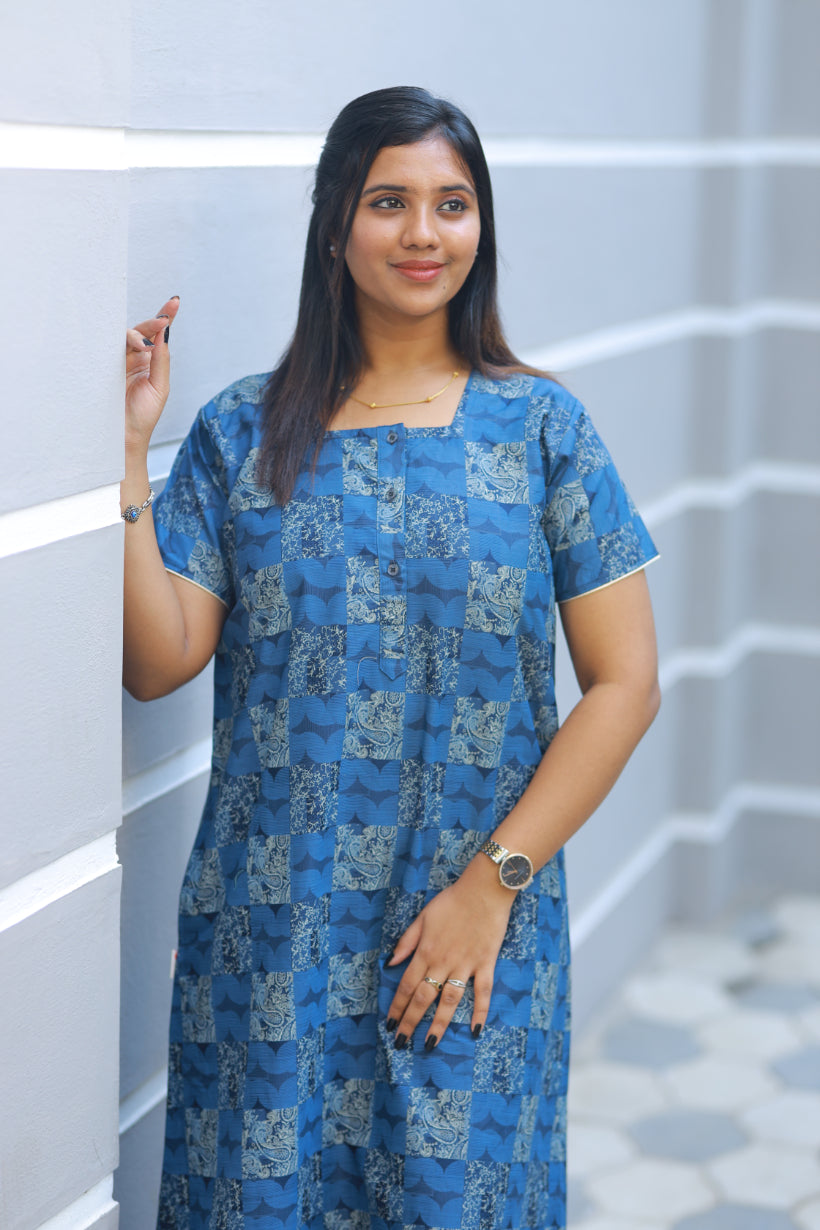 Navy Blue With Digital Print Button Type Premium Nighty