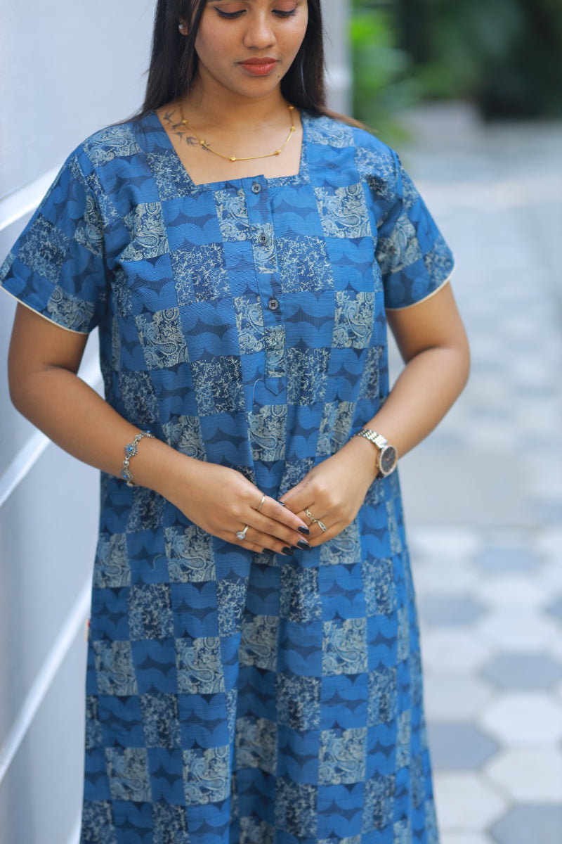 Navy Blue With Digital Print Button Type Premium Nighty