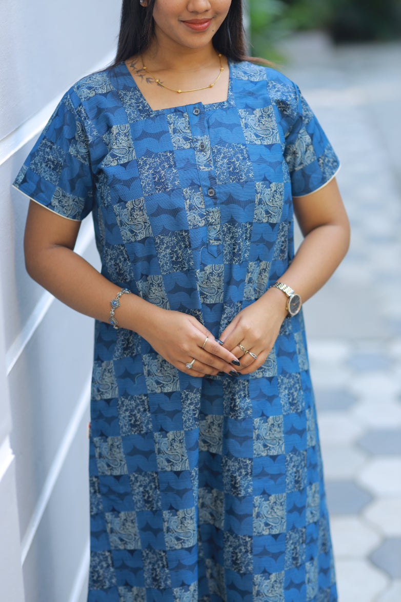 Navy Blue With Digital Print Button Type Premium Nighty