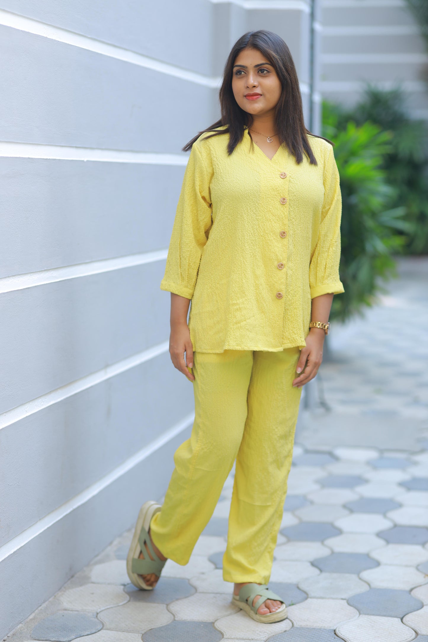 Trendy popcorn Yellow co-ord set nightdress